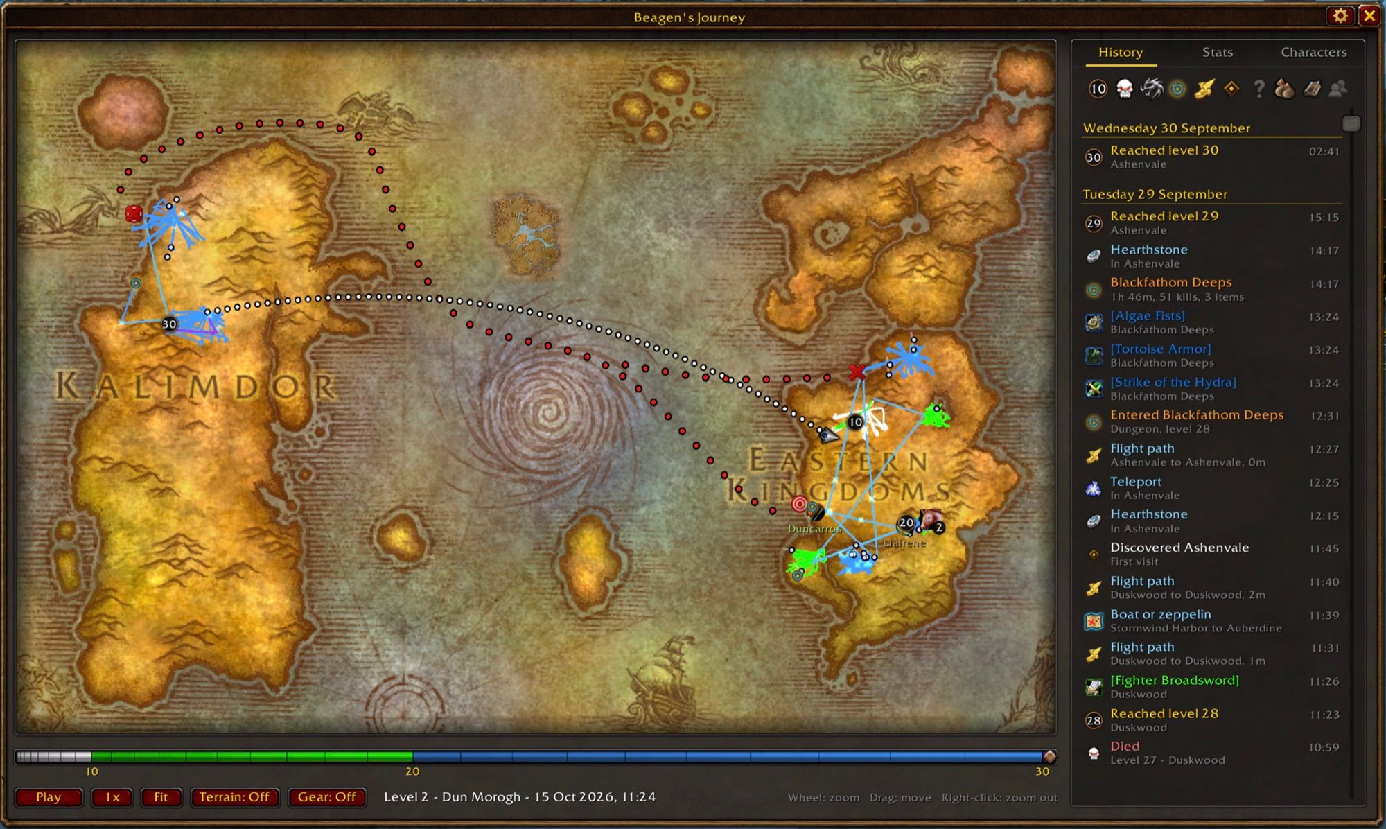 The addon's journey map: a road across Kalimdor and the Eastern Kingdoms from level 1 to 30, with the day-by-day history beside it
