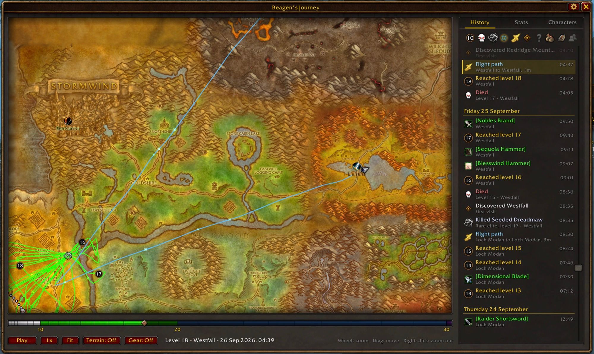 Zoomed in on Westfall at level 18: walked paths, flights and level markers