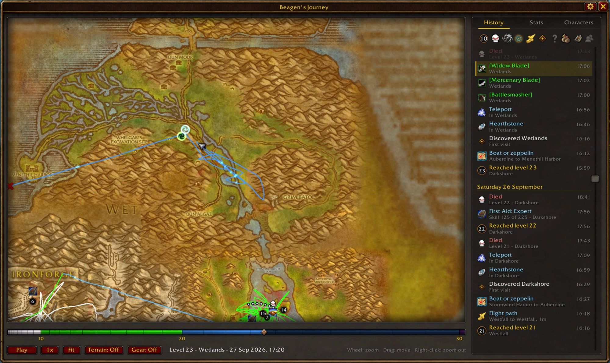 The Wetlands at level 23, mid-replay, with portals and gear in the history